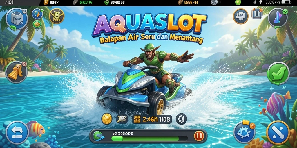 Screenshot gameplay AQUASLOT menampilkan aksi balapan air yang mendebarkan.