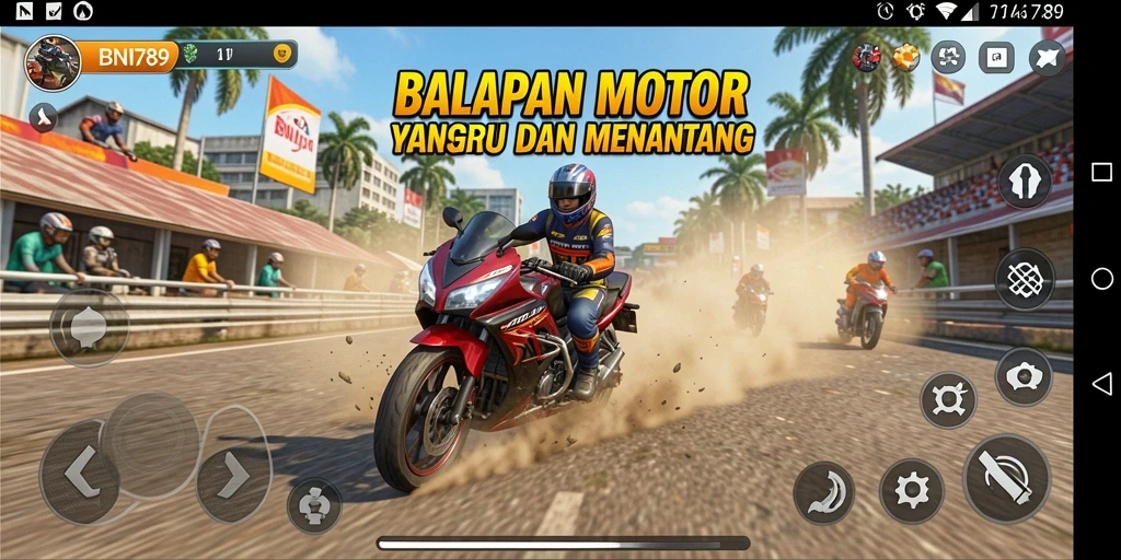 Tampilan gameplay mendebarkan dalam BNI789 saat balapan motor.