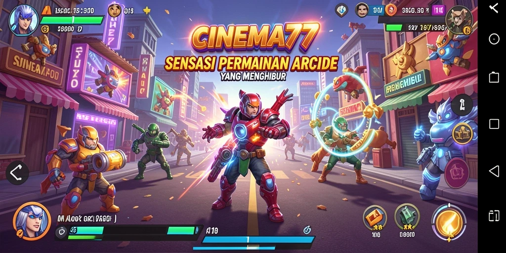 Screenshot gameplay seru dari CINEMA77 yang menunjukkan aksi arcade yang mendebarkan.
