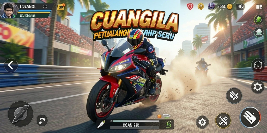 Screenshot CUANGILA menampilkan balapan motor yang mendebarkan di lintasan.