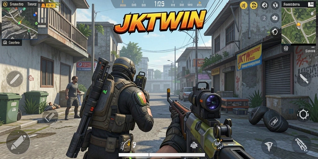 Tangkapan layar dari gameplay JKTWIN menampilkan aksi menembak yang mendebarkan.