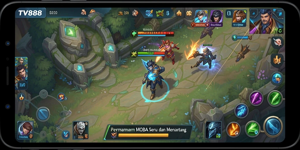 Tangkapan layar gameplay TV888 yang penuh aksi dalam pertempuran MOBA.
